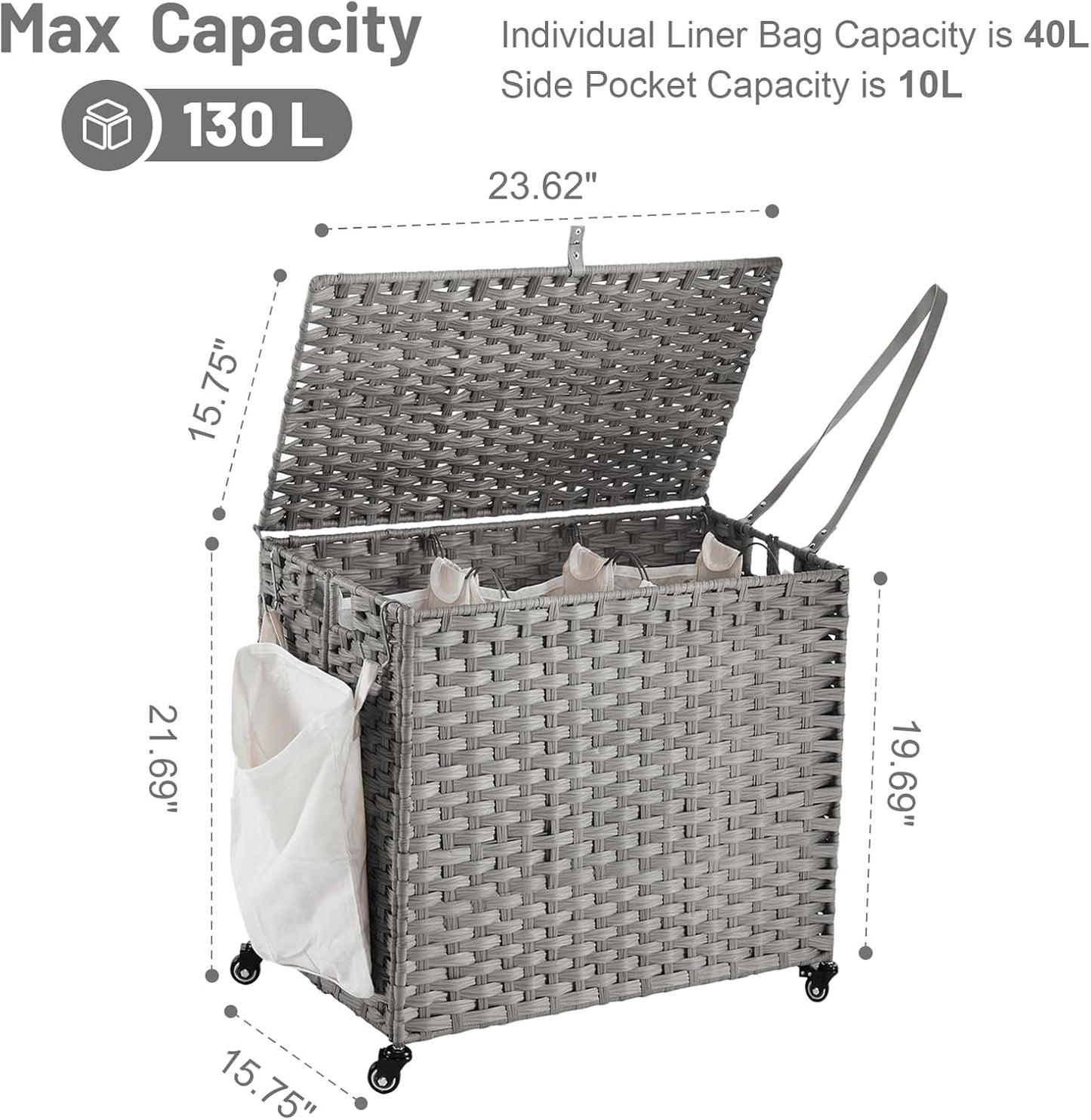 Laundry Hamper with Wheels, 34.3 Gallon(130L) Rolling Laundry Basket with Lid, 3-Section Rattan Clothes Hamper with 3 Removable Liner & 3 Mesh Bags, Laundry Sorter with Side Pocket, Brown