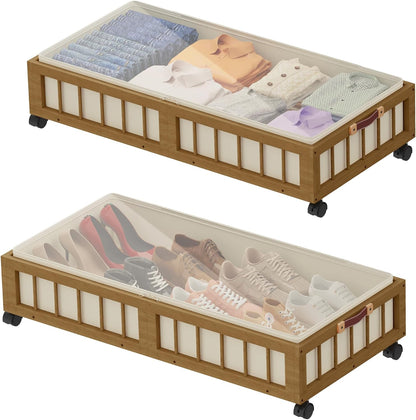 efluky 2-Pack Bamboo Under Bed Storage with Wheels, Rolling UnderBed Storage Basket with Large Dust Bag, Under Bed Storage Containers for Bedroom, Dorm and Basement, Nature