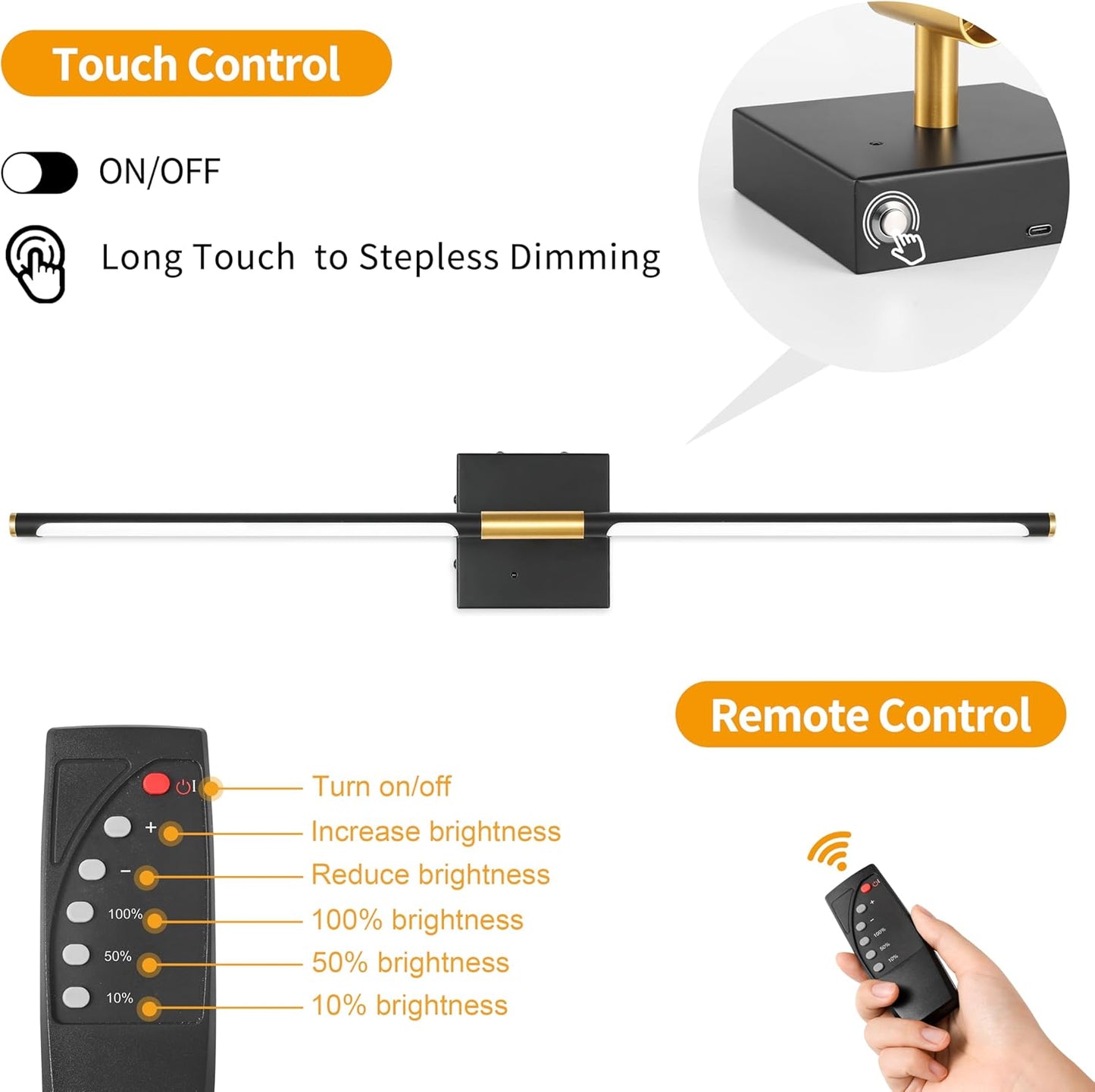 Morauroral Battery Operated Wall Sconces Set of 2, 10000mAh Rechargeable Sconces, 3000K-6000K Dimmable LED Wall Lamp with Remote, 24 Inch Black Gold Wireless Wall Lights for Bedroom, Living Room