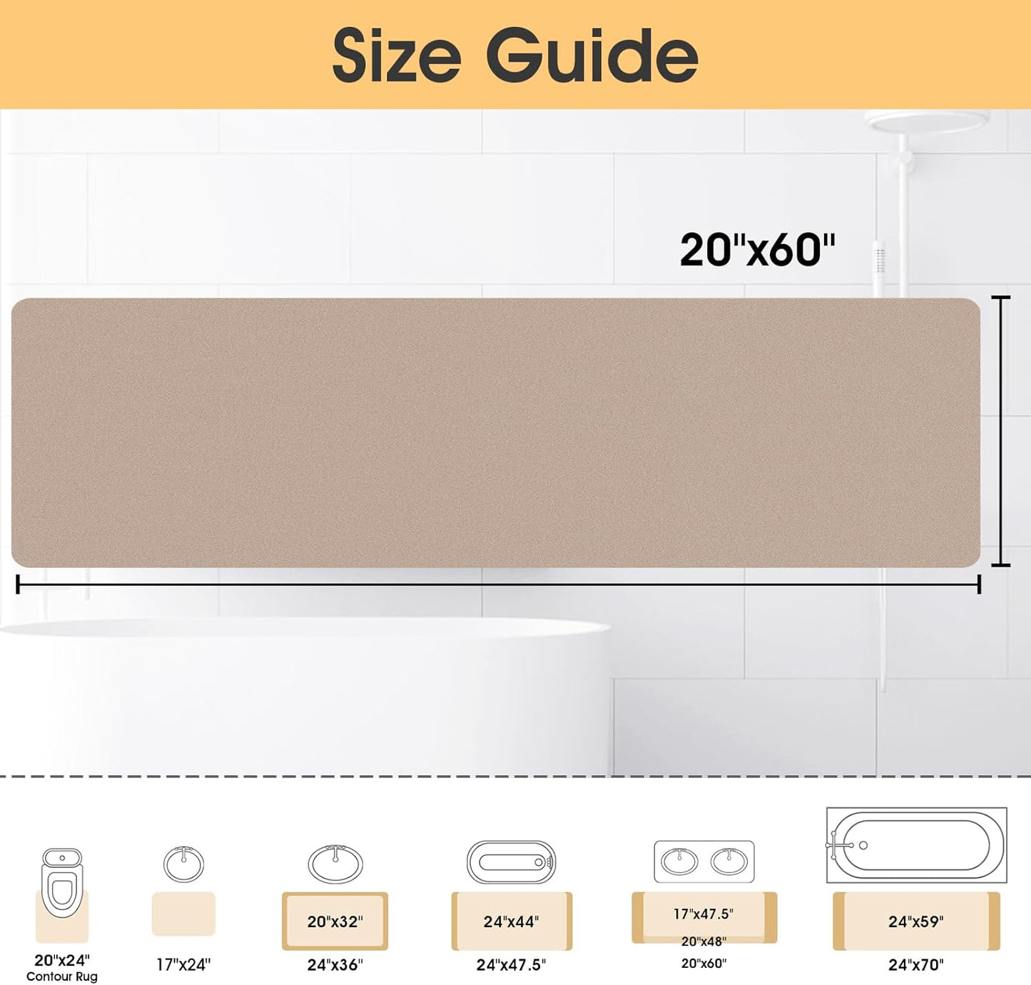 ACCUMTEK Non Slip Bath Mat, Thin Bathroom Rugs Fit Under Door, Quick Dry Bath Mats, Machine Washable Bath Rugs for Bathroom, Bathtub & Kitchen, Grey/Bordered/24 x17