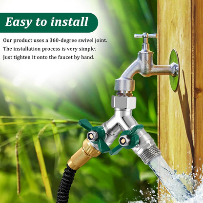 Garden Hose Splitter 2 Way, Heavy Duty Brass Hose Splitter, 3/4" GHT Hose Y Splitter with Shutoff, Full Flow Outdoor Faucet Splitter, Water Hose Y Valve Tap Adapter