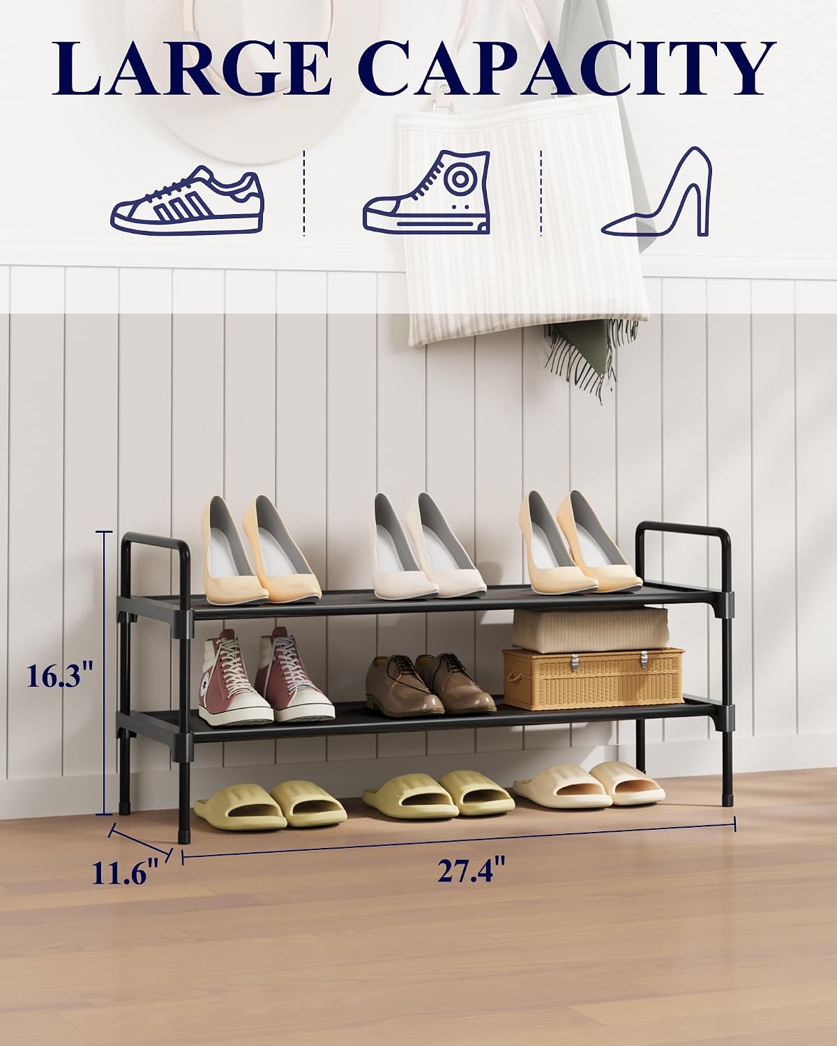 Kitsure Shoe Rack, 39" Wide Extra-Long Shoe Organizer, 3-Tier, Black | Closet, Front Door Entrance, Entryway, Stackable & Detachable Shelf, Closet Organizers and Storage