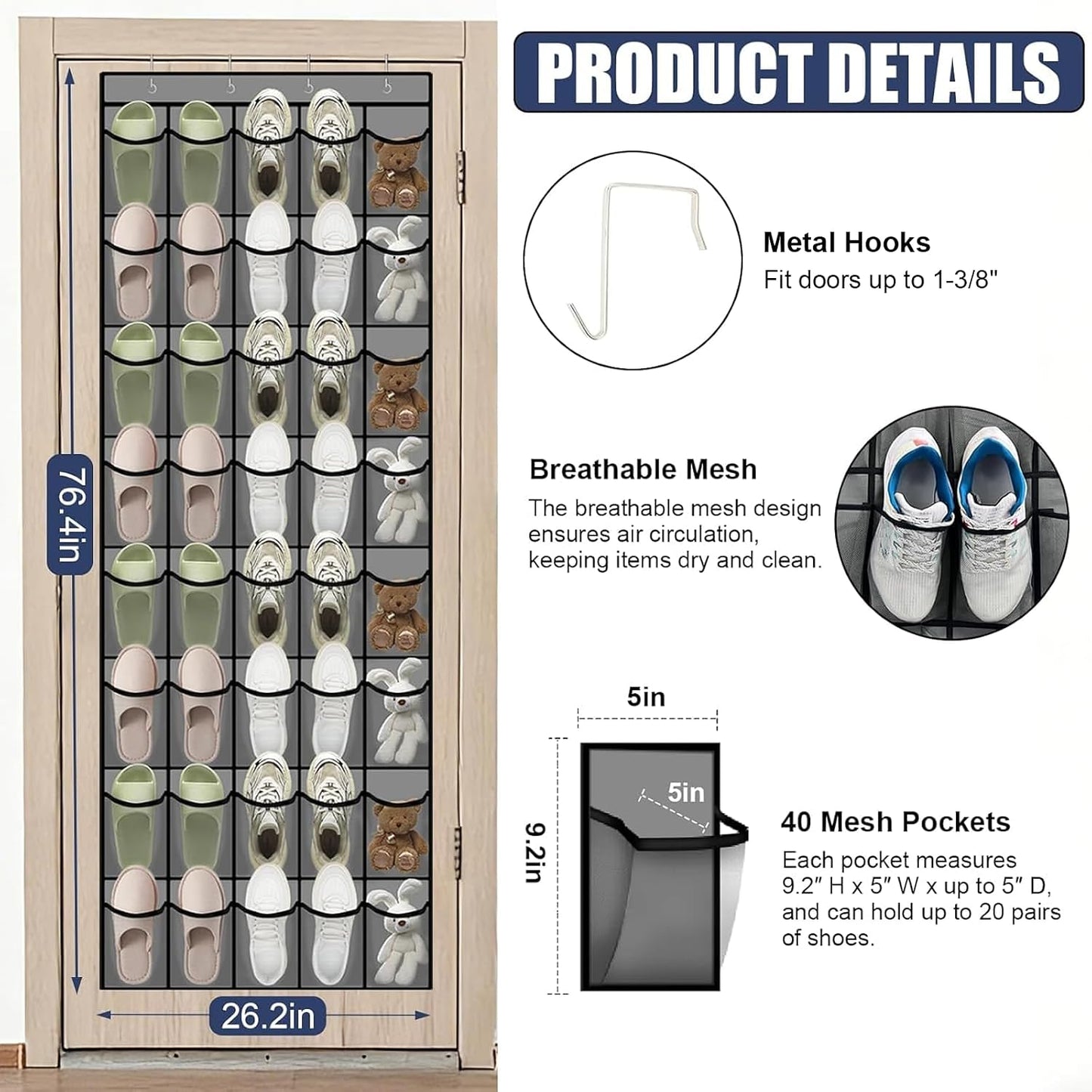 Over the Door Shoe Organizer - 24 Large Breathable Mesh Pockets, Space Saving Hanging Shoe Organizer with Metal Hooks, Hanging Shoe Rack for Men's and Women's Shoes (White)