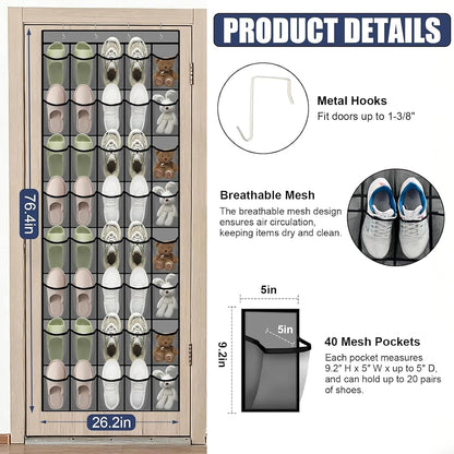 Over the Door Shoe Organizer - 24 Large Breathable Mesh Pockets, Space Saving Hanging Shoe Organizer with Metal Hooks, Hanging Shoe Rack for Men's and Women's Shoes (White)