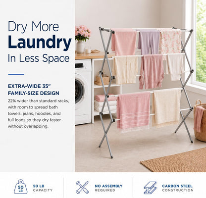Honey-Can-Do Oversized Collapsible Clothes Drying Rack, 35", 50 lb, Grey | Oversized 35" x 45" steel rack holds 50 lb and folds flat for storage. Air-dry a full load indoors or outdoors.