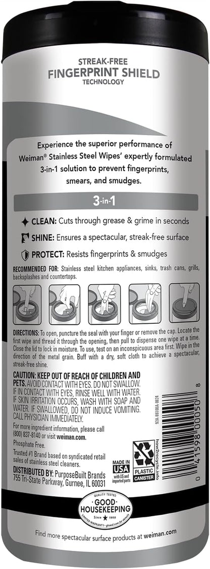 Weiman Stainless Steel Cleaner, 30 Count Wipes, Anti-Fingerprint, Removes Grease, Water Spots, Streaks & Residue, Polishing Cleaner Safe for Appliances, Chrome, Sinks & Grill Exteriors