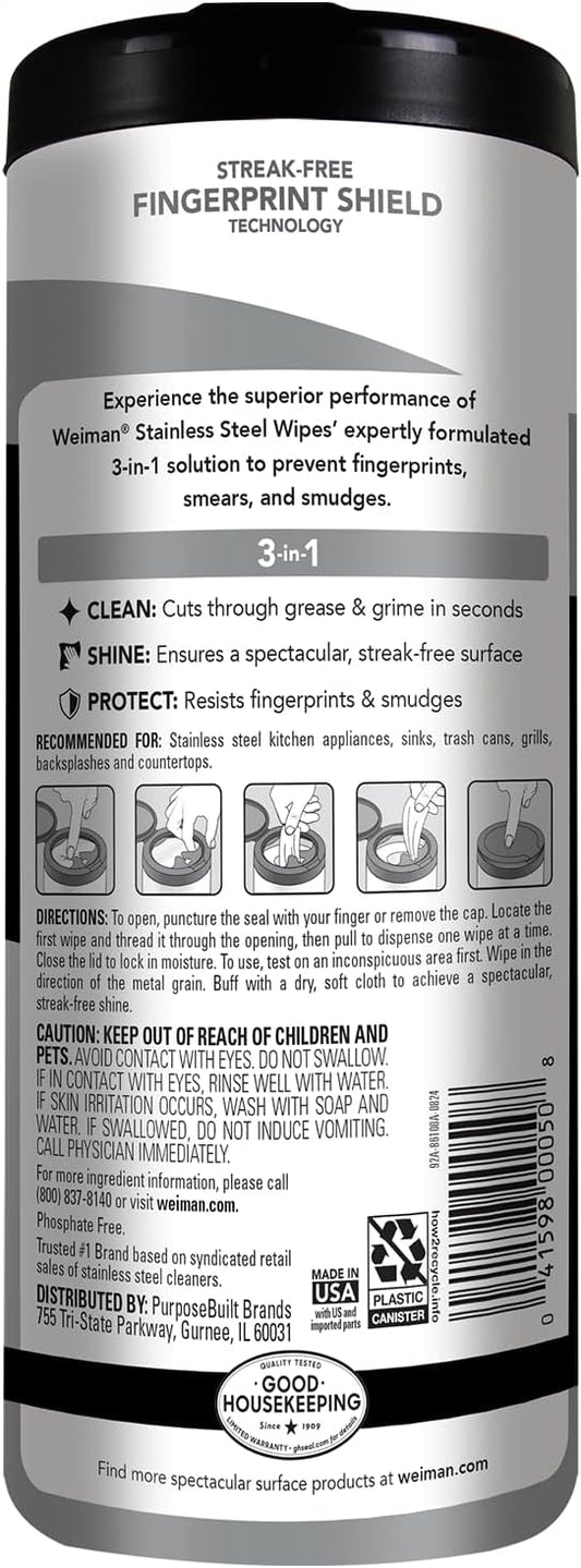 Weiman Stainless Steel Cleaner, 30 Count Wipes, Anti-Fingerprint, Removes Grease, Water Spots, Streaks & Residue, Polishing Cleaner Safe for Appliances, Chrome, Sinks & Grill Exteriors