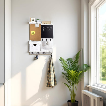 Key Holder for Wall Mount with Shelf and Mail Organizer, Key and Mail Holder with 16 Hooks, Farmhouse Entryway Organizer, Home Decor Rack (Pine Wood, Black)