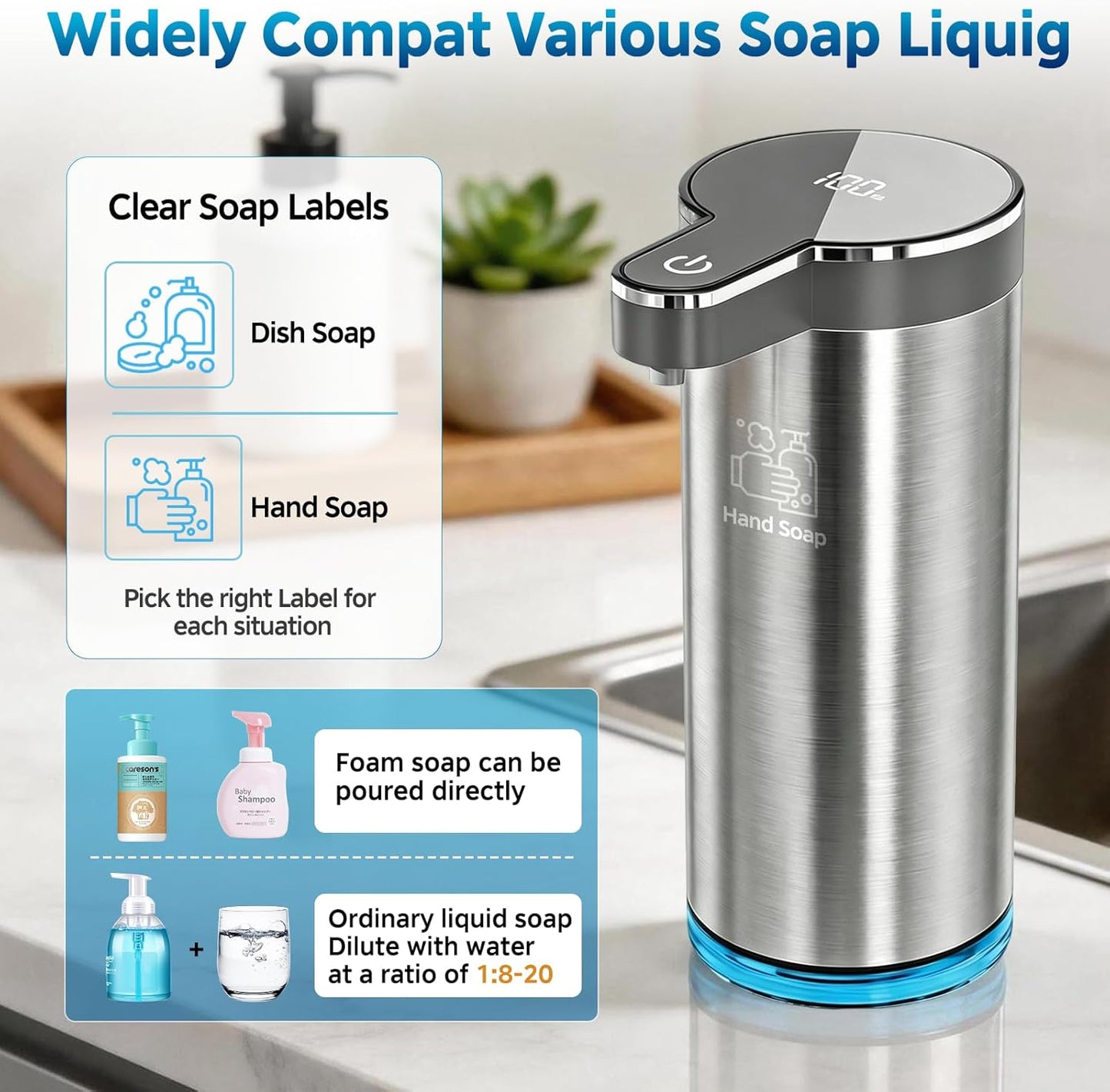 Automatic Foaming Soap Dispenser,Touchless Foam Soap Dispenser,12oz Rechargeabled Wall Mounted Smart for Bathroom and Kitchen Dish Soap,Easy for Toddlers（Brushed Silver）
