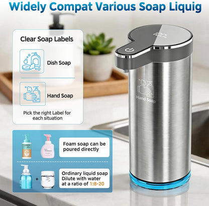 Automatic Foaming Soap Dispenser,Touchless Foam Soap Dispenser,12oz Rechargeabled Wall Mounted Smart for Bathroom and Kitchen Dish Soap,Easy for Toddlers（Brushed Silver）