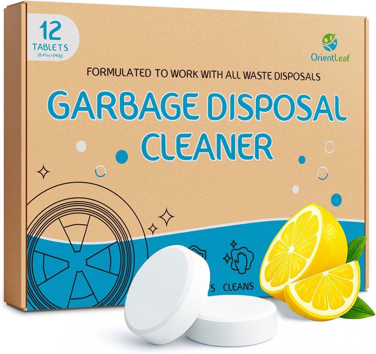 ORIENTLEAF Garbage Disposal Cleaner and Deodorizer Tablets 20g 1 Year Supply Sink Cleaner, Prevents Odors, Natural Kitchen Drain Cleaning Care 12 Pack