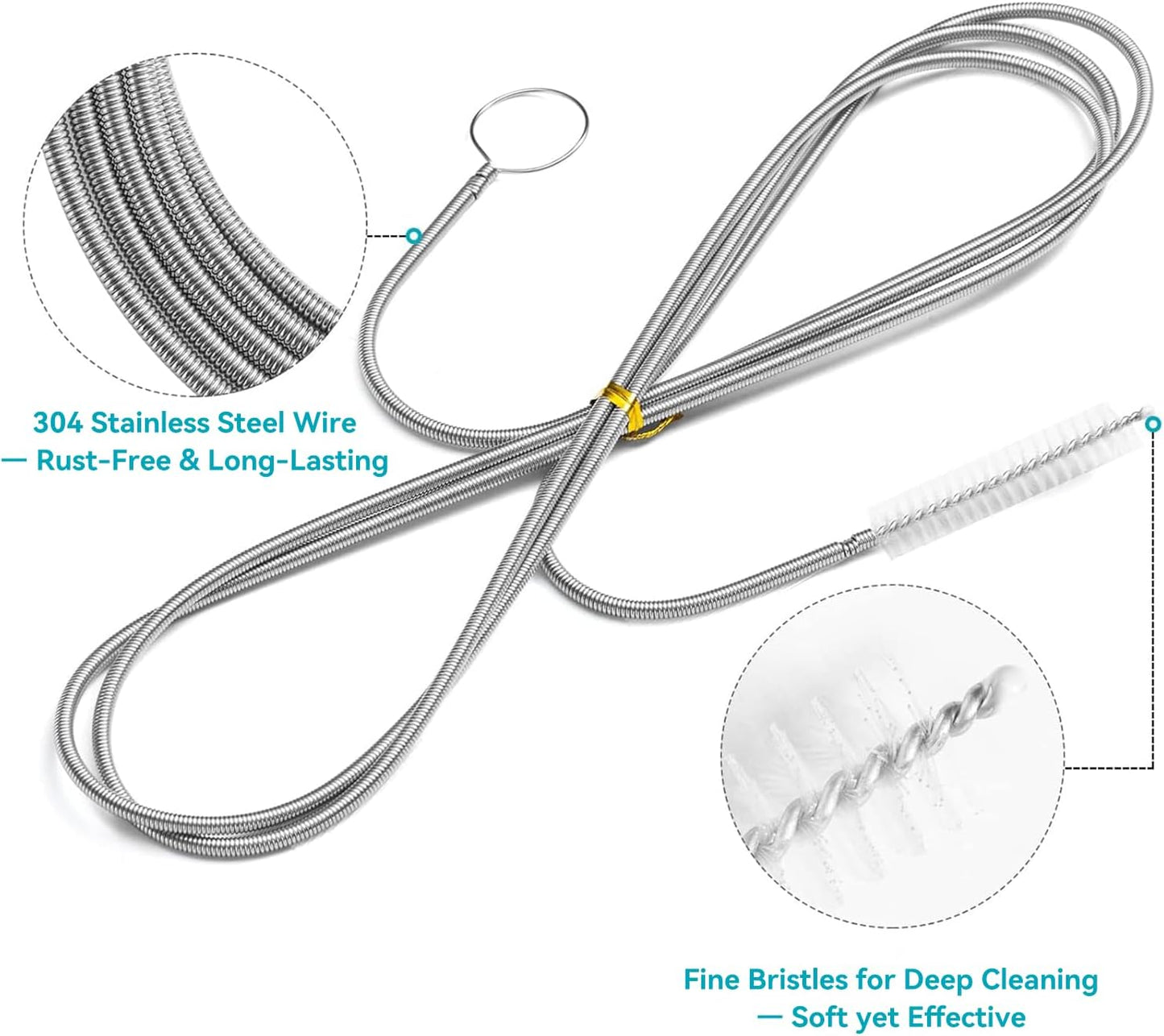 4.92 ft (1.5m) Flexible Drain Cleaning Brush – 2-Pack, Stainless Coil for Car, Fridge, Sinks, Pipes, Hoses, Hair & Grease Clogs
