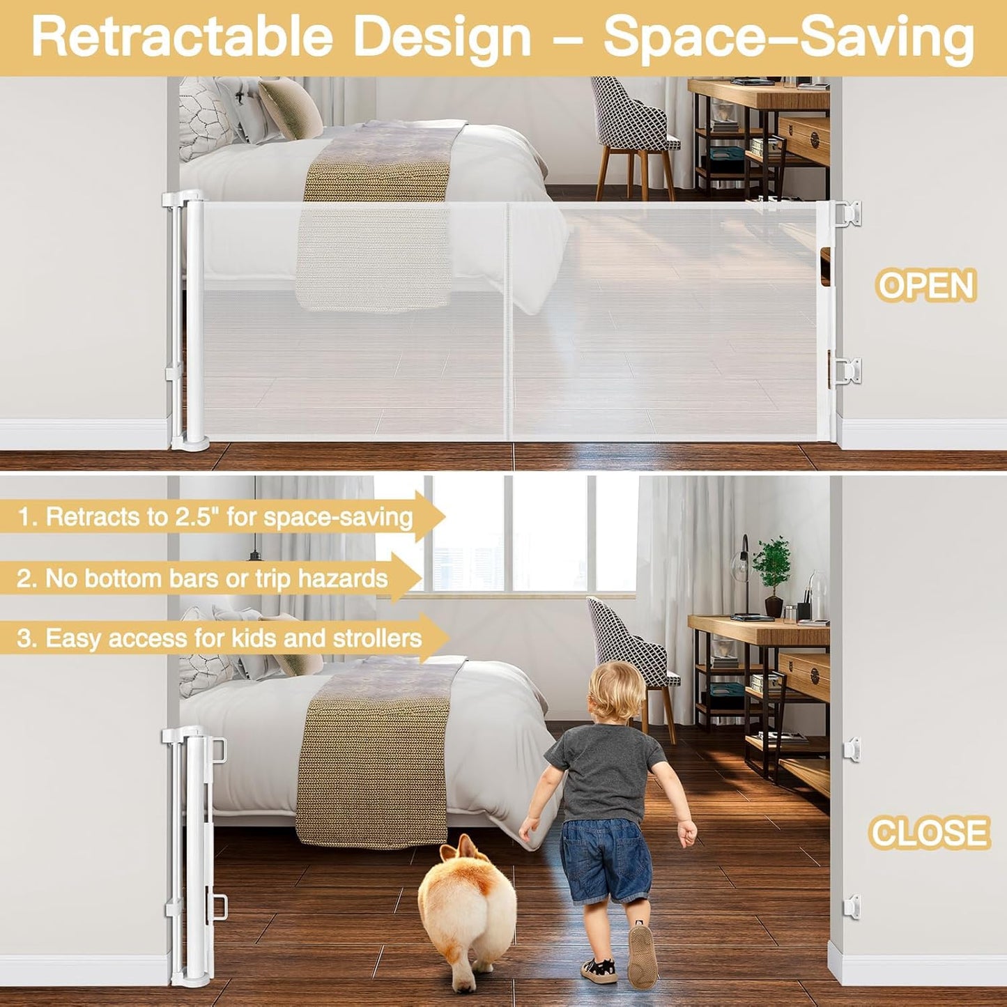 Reinforced 28-Inch Tall Retractable Baby Gates for Doorways, Walk Through Pet Gate for Stairs, Short Baby Gate with Support Rods, 55 Inch Wide Mesh Gate Retractable Gate Small Dog Gate, Gray