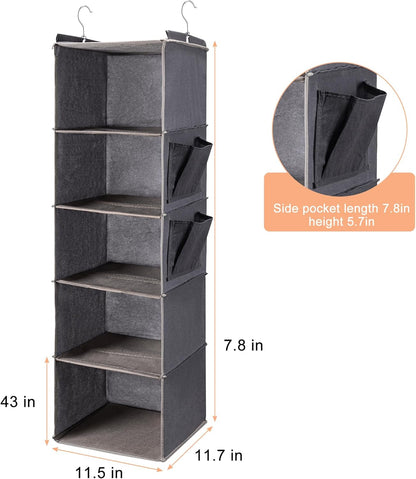 BOOMIBOO Hanging Closet Organize and Shelves，5-Hanging Shelf with 2 Side Pockets，Storage Foldable （Grey）