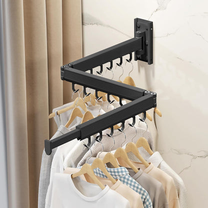 Wall Mounted Tri-Fold Clothes Drying Rack, Heavy Duty Collapsible Laundry Drying Rack, Space-Saving Retractable Foldable Drying Rack Clothes for Laundry Room Balcony Bathroom,Black-Hooks