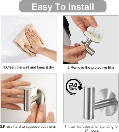 Vuzvuv Adhesive Hooks White SUS304 Stainless Steel - Self Adhesive Heavy Duty Waterproof Wall Hooks for Towel, Coat, Robe in Bathrooms Kitchen Hotel (2-Pack)
