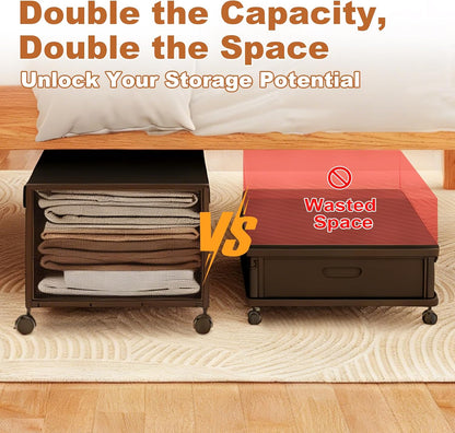 2 Pack Under the Bed Storage Containers,10 inch Height Under Bed Shoe Storage,31inch Long Underbed Storage with Wheels,Large Rolling under bed Clothes Storage Drawers with Lid for Dorm Tall ,Black