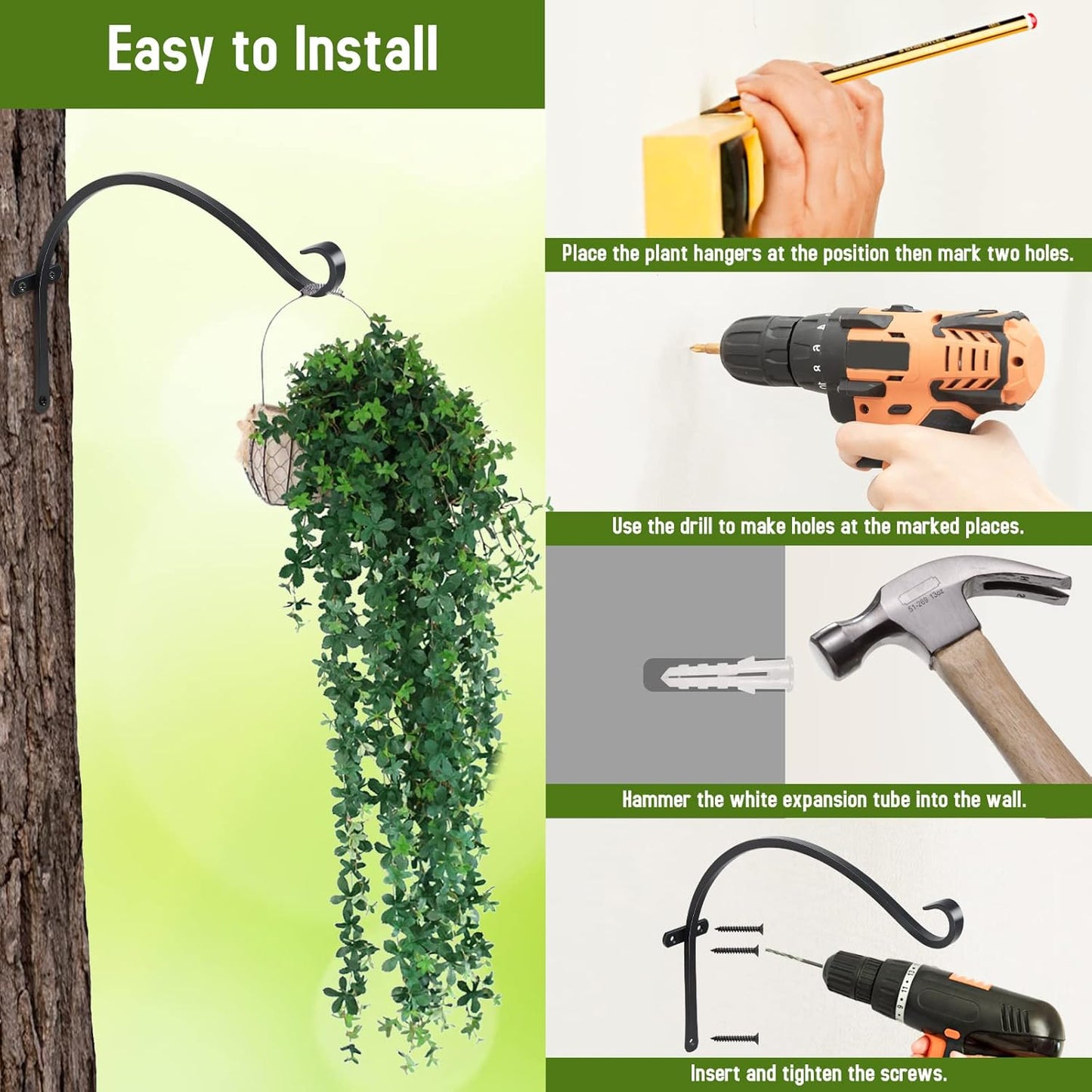 FEED GARDEN Heavy Duty Plant Hangers Outdoor Indoor, 8 Inch 2 Pack Metal Hanging Bracket Holds Up to 44 lbs, Wall Brackets for Hanging Baskets, Bird Feeders,Wind Chime& Lanterns, Black