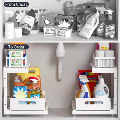 Saydear L-Shaped Under Sink Organizer, 2-Tier Pull-out Cabinet Rack 1-Pack | Black Height-Adjustable Metal Rack, Sliding Grid Drawers with Safety Stopper, Holds 100 Lbs, Ideal Kitchen Cabinet Storage
