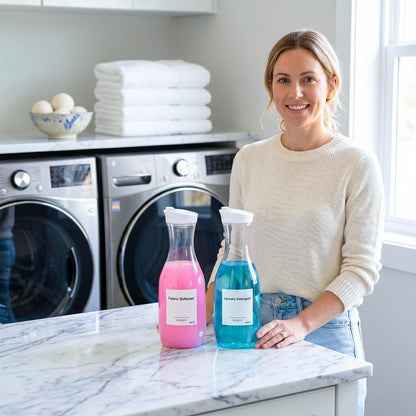 54 OZ Laundry Detergent Dispenser, Laundry Soap Dispenser, Liquid Laundry Detergent Container and Organizer, Clear Plastic Fabric Softener and Laundry Powder Dispenser for Laundry Room, 2Pack