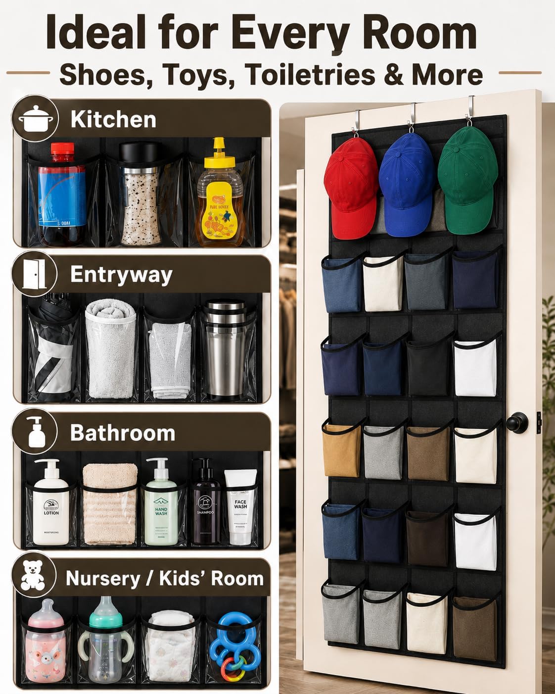 Over the Door Shoe Organizer with 24 Crystal Clear Pockets and Metal Hooks – Heavy Duty Hanging Shoe Storage Rack for Closet, Bathroom, Dorm – Space Saving for Shoes, Accessories, Toys (White)