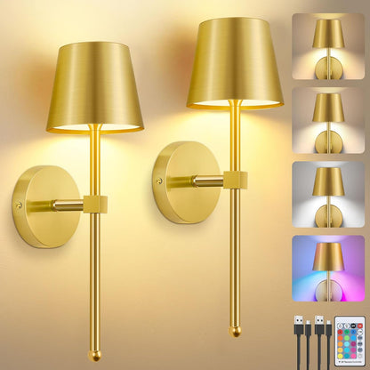 LIGHTESS Battery Operated Wall Sconce Set of Two with Touch and Remote Control, Dimmable Rechargeable Wall Lights for Living Room, Bedroom, Hallway (Gold)