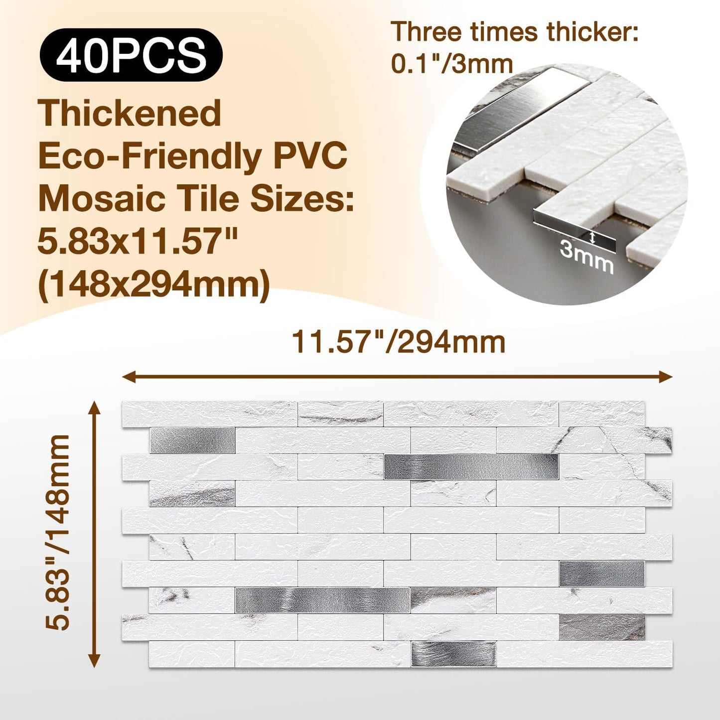 Peel and Stick Backsplash Tile Waterproof Removable PVC Wall Sticker 3D Faux Stone Marble Brick White Accent Panels (White Marble - Metal Silver, 20 Tiles - 9 sq. ft. (0.84 M²))