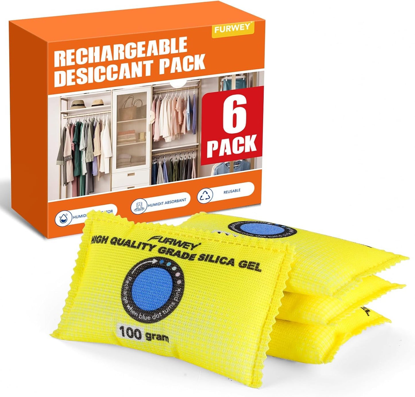 FURWEY 2 Pack Rechargeable Desiccant Packs, 100g Each, Blue, Color Indicating Silica Gel Dehumidifier Bags for Storage, Closets, Cars, Bins
