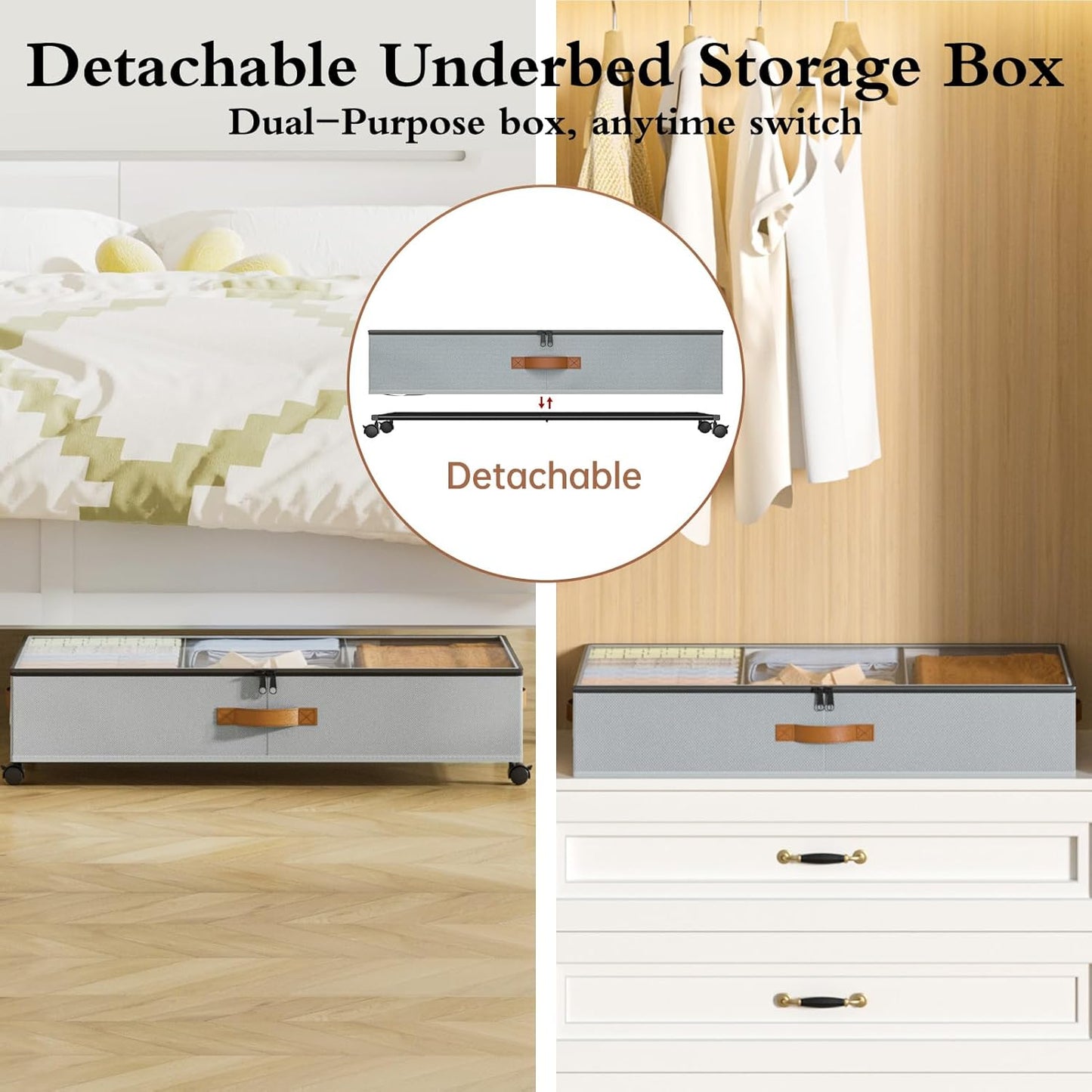 Yecaye Under Bed Storage with Wheels, 2 Pack Under Bed Storage Containers with Adjustable Dividers & Clear Lid, Rolling Underbed Organizer Bins Drawer for Clothes, Shoes, Blankets(30.3 x 16 x 6.7in)