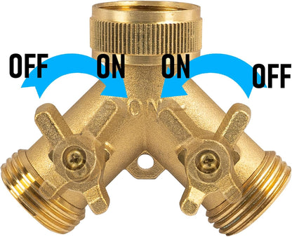 Hourleey Brass Garden Hose Splitter (2 Way), Solid Brass Hose Y Splitter 2 Valves with 2 Extra Rubber Washers (2 PACK)