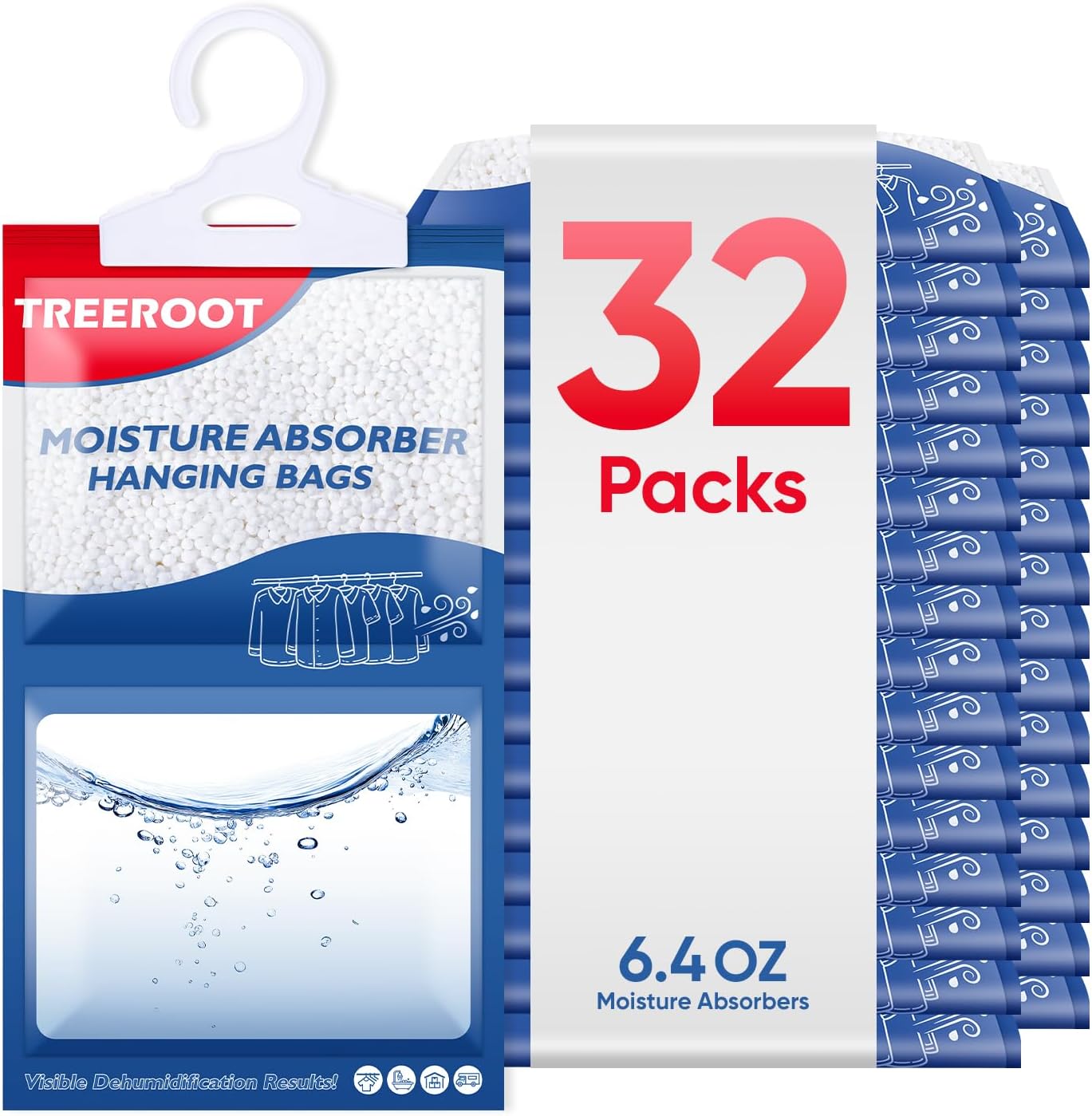 24 Pack Moisture Absorbers for Closet, 6.4OZ Hanging Closet Dehumidifier Bags, Hanging Humidity Absorber in Wardrobes, Kitchens and Bathrooms