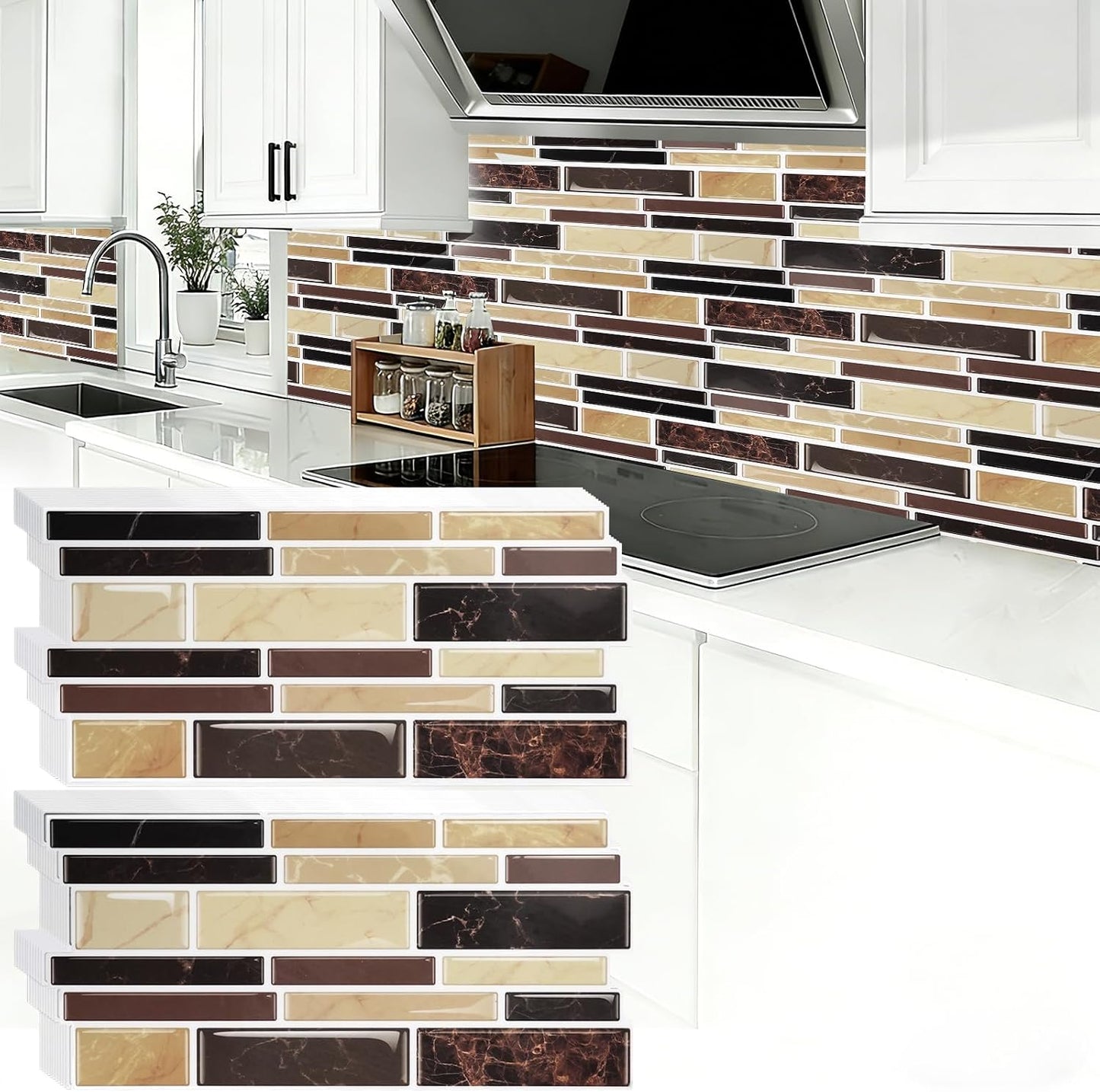 24 Sheet Peel and Stick Tile Backsplash Sticks for Kitchen 10"x 5" Back Splashes Self Adhesive Waterproof Tile Wall Paper for Bathroom Kitchen Backsplash, RV, Fireplace, Black/White Marble Look