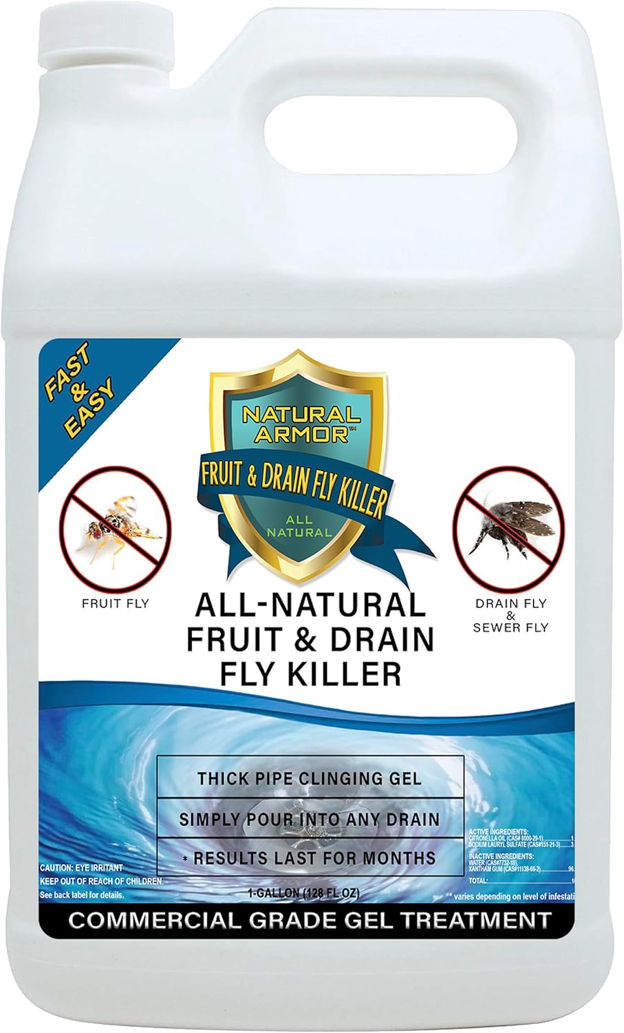 Natural Armor Drain Fly & Fruit Fly Killer (128oz Gallon) | Eliminates Gross Fruit, Drain, Sewer & Gnat Infestations from Any Drain - Simple, Easy to Use - Sewer & Septic Safe