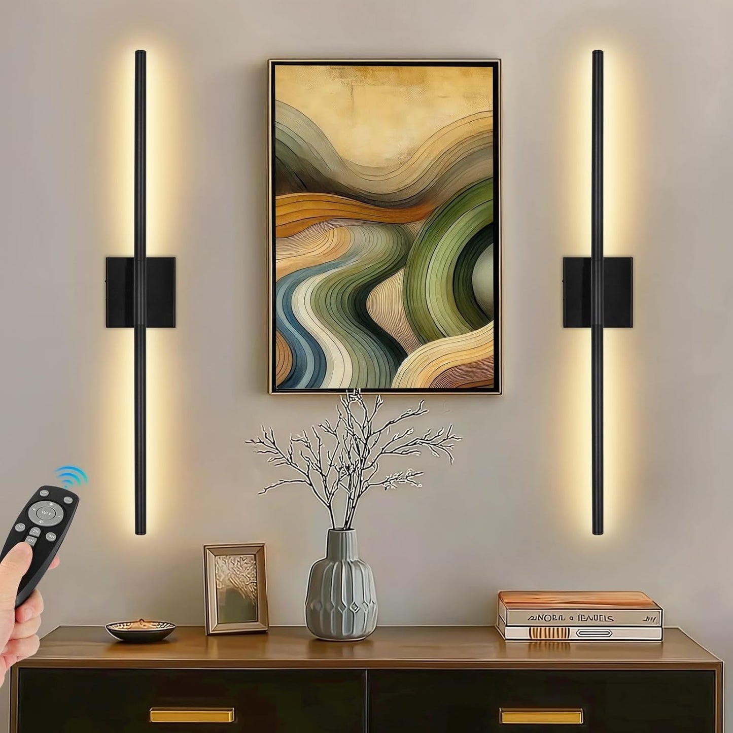 TaoFiaCo Battery Operated Wall Sconces Set of Two,Rechargeable Wall Sconces Set of 2 with Remote Control Dimmable Wall Light Decor for Living Room, Bathroom for, 24 Inch, Gold