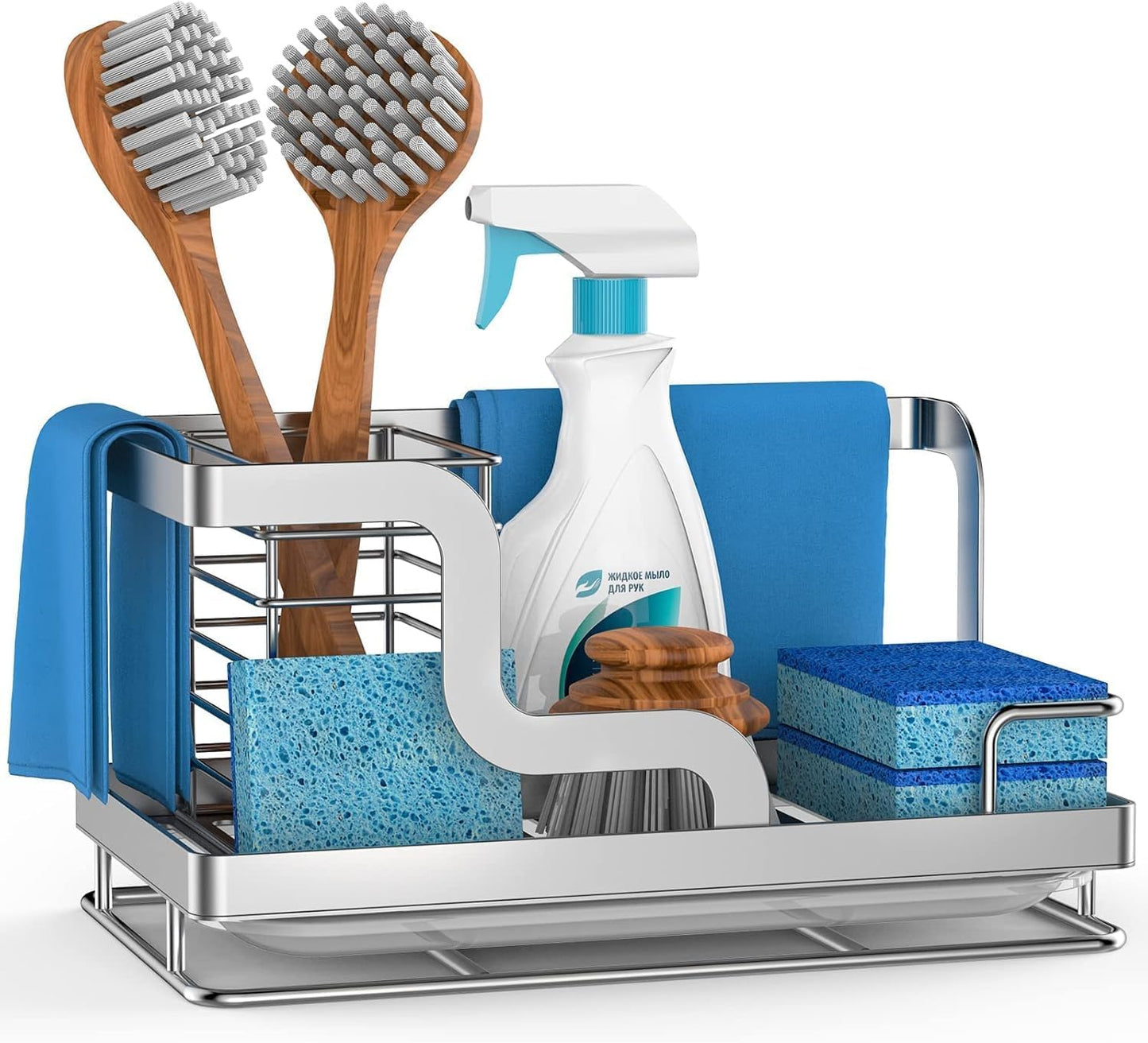 BSKSSK Sink Caddy, Kitchen Sink Organizer Sponge Holder, Dish Soap Scrubber Holder with Removable Drain Pan, Sink Brush Holder Kitchen Sink Stainless Steel for Sponge (Sliver, Large)