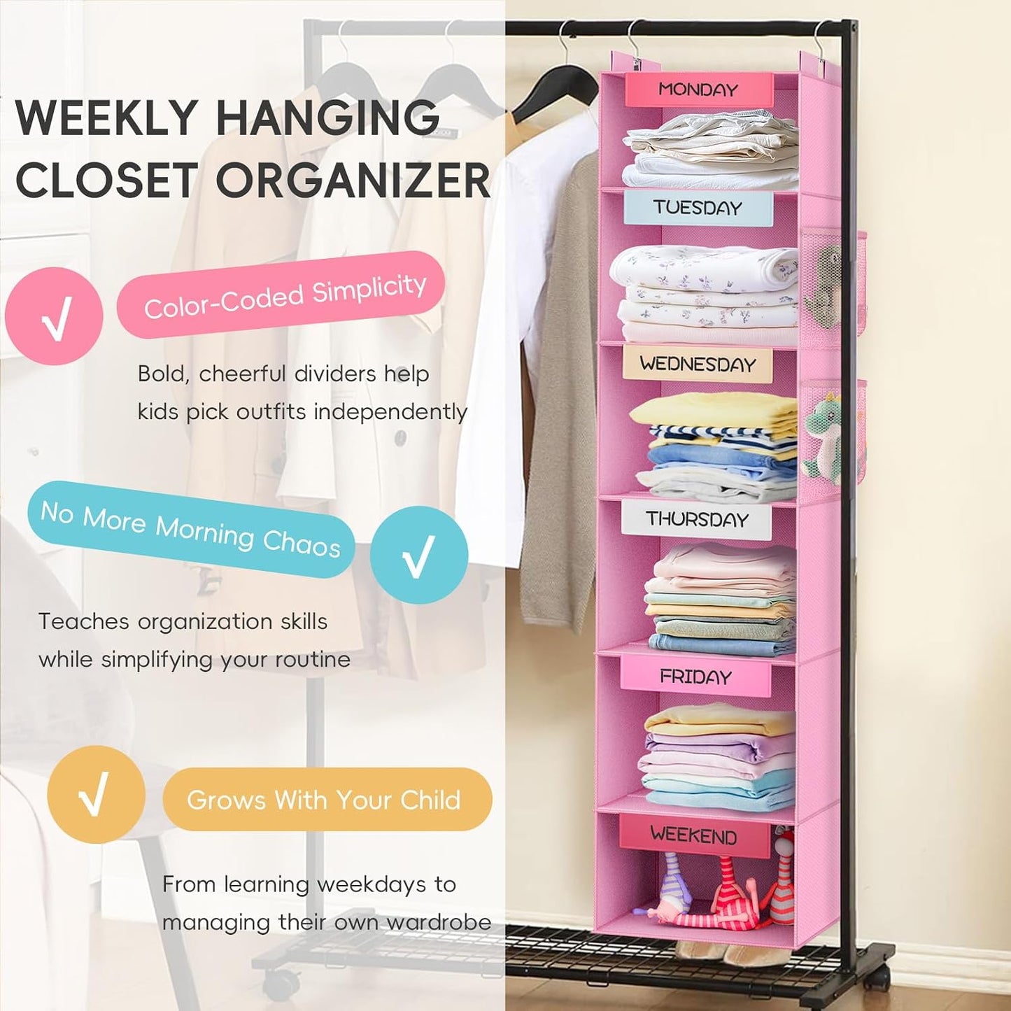 Weekly Hanging Closet Organizer for Kids, 6-Shelf Clothes Storage with Labeled Days of The Week Monday Through Friday, Weekday and Weekend, Days of The Week Clothes Organizer
