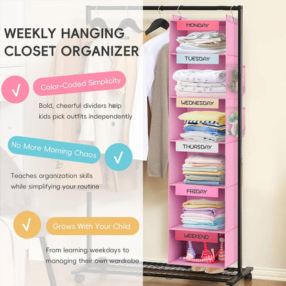 Weekly Hanging Closet Organizer for Kids, 6-Shelf Clothes Storage with Labeled Days of The Week Monday Through Friday, Weekday and Weekend, Days of The Week Clothes Organizer