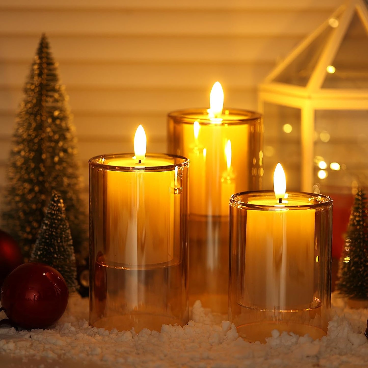 NURADA Flameless Candles with Remote Timer - Glass Real Wax 3D Wick LED Pillar Votive Candle Set Battery Operated Flickering Light for Home Christmas Decoration - White 3 Pack
