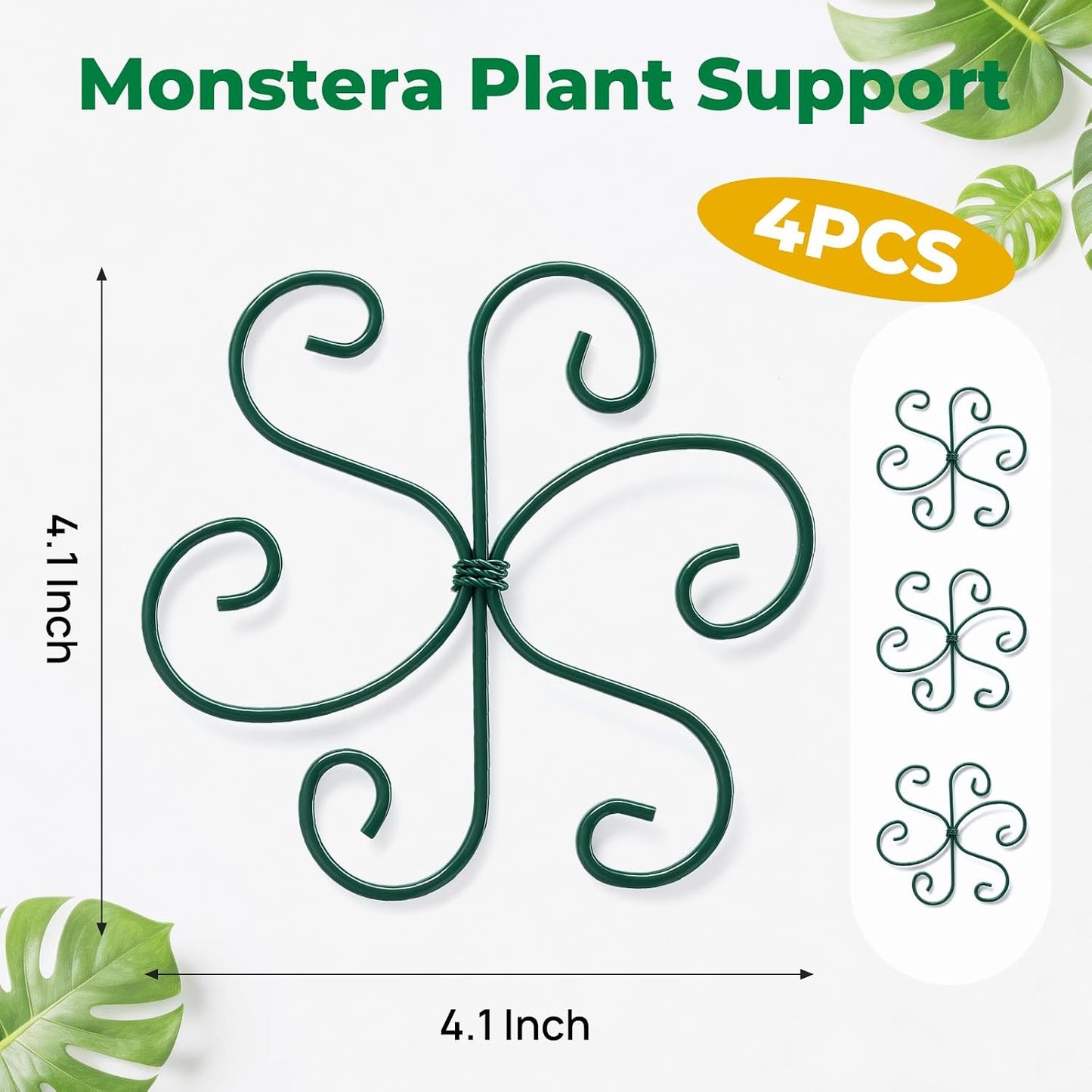 4PCS Monstera Plant Support, 4.1IN Green Metal Plant Stem Support Stakes, Adjustable Indoor Outdoor Potted Climbing Plant Stakes, Monstera Stabilizer Supports