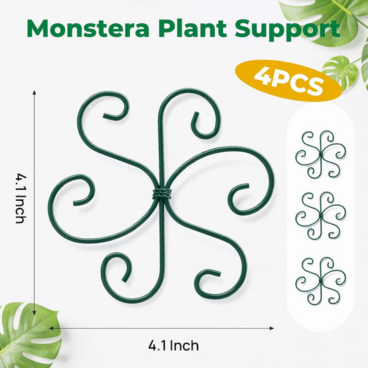 4PCS Monstera Plant Support, 4.1IN Green Metal Plant Stem Support Stakes, Adjustable Indoor Outdoor Potted Climbing Plant Stakes, Monstera Stabilizer Supports