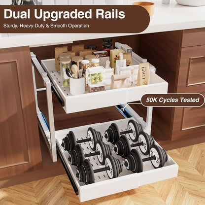 2-Tier Expandable Pull Out Cabinet Organizer, Heavy Duty Adjustable Width Metal Slide Out Shelf, No Screw Cabinet Storage Rack for Kitchen Bathroom 17in Depth Cabinet（Black）