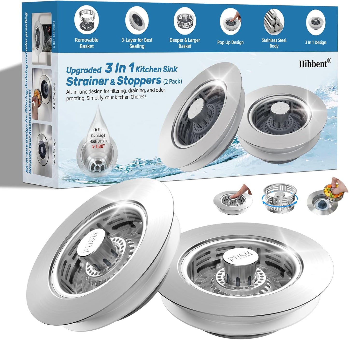 Hibbent Upgraded 3 in 1 Kitchen Sink Drain Strainer, Stainless Steel Pop Up Sink Stopper, Larger Anti-Clogging Basket, 3-Layer Seal, Detachable Drain Plug for US Standard 3-1/2" Drain, Brushed Nickel