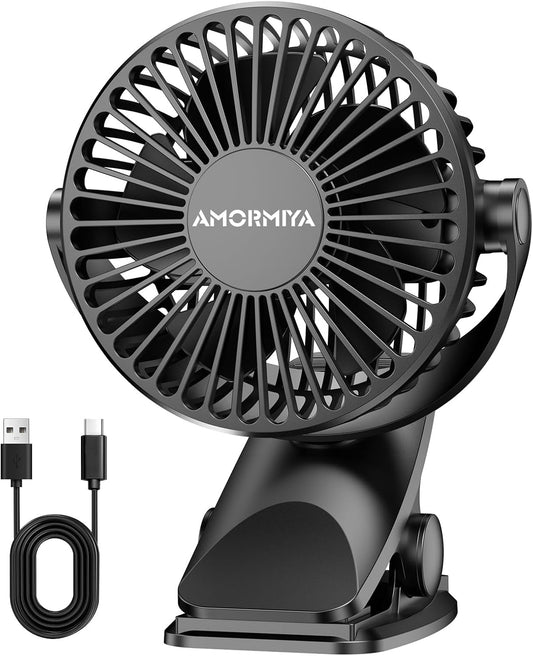 Portable Clip on Fan Rechargeable Mini for Desk Golf Camping Black | 4000mAh 20H Battery, Quiet Brushless Motor 4.5m/s, One-Click Shutdown, 3 Speeds, Detachable Cover, Type-C Charge, 360° Rotate