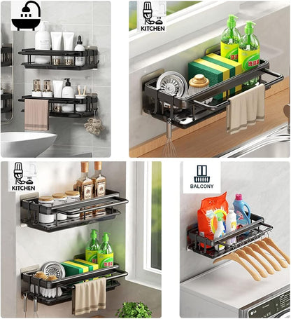 Self Adhesive Sponge Holder, Kitchen Wall Mount Sink Caddy Aluminum Drying Drain Rack Storage,Peeler, Brush, Soap, Cloth Rag,Towel Organizer with Removable Drip Tray for Countertop,No Drilling