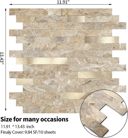 Yipscazo 2026 New Upgrade 11.34" X 11.57" Peel and Stick Backsplash, Stick on Backsplash Tiles for Kitchen, Bathroom, Fireplace (10 Sheets, Beige Rocks + Rose Gold)