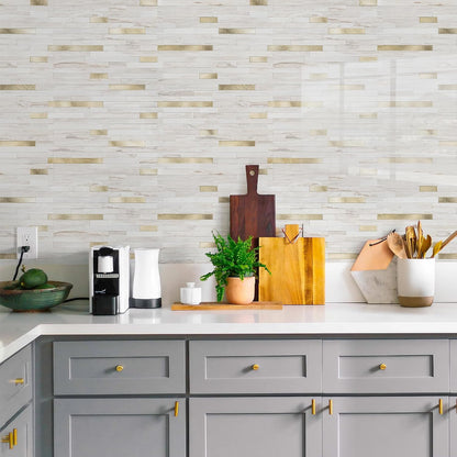 STICKGOO 20 Sheets Peel and Stick Backsplash Tile, Stick on Backsplash for Kitchen and Bathroom, White Sandstone Look PVC Mixed Metal Gold Self Adhesive Wall Tiles