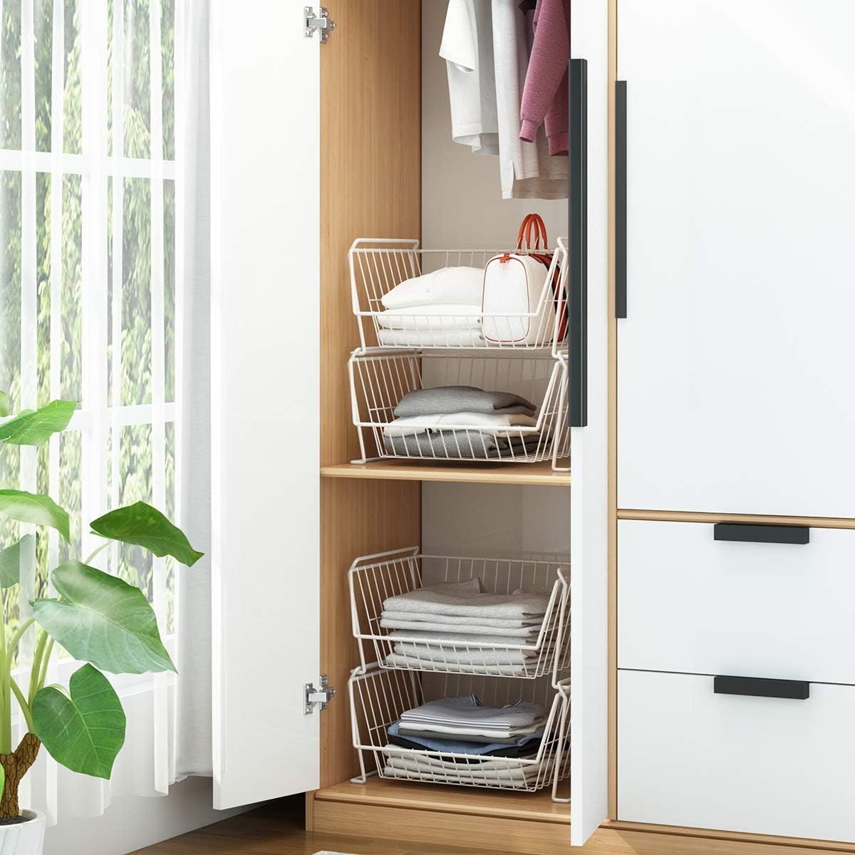 PUSDON 6-Tier Tall Stackable Wire Storage Baskets with Wheels, Vertical Metal Rolling Utility Cart, High Capacity Produce Basket for Kitchen Pantry, Snack Organizer, Matte Black