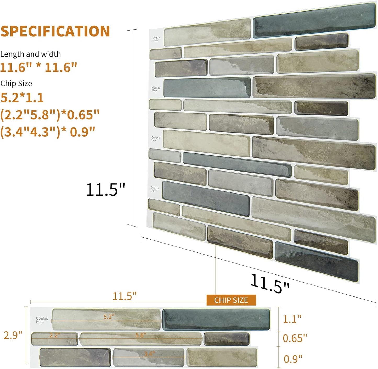 WOWSTAR 10-Sheet Peel and Stick Backsplash Tile for Kitchen, Back Splash Stick On Tiles for Kitchen Wall (Grey and Blue)