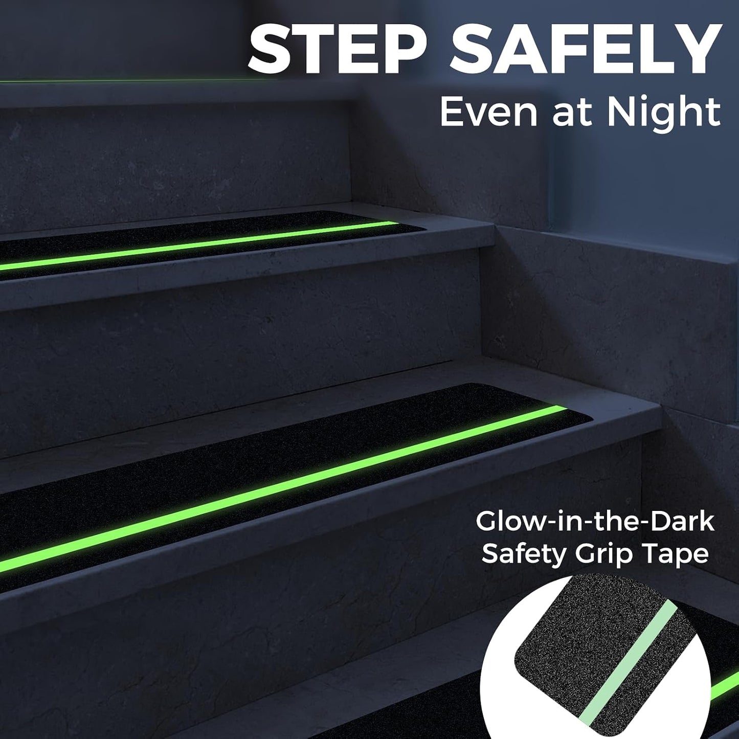 10 Pack 6” x 30” Anti Slip Traction Treads with Glow in The Dark Stripe, Outdoor Waterproof Non Skid Pre-Cut Tape with Roller, High Traction Friction Abrasive Adhesive for Stairs Step