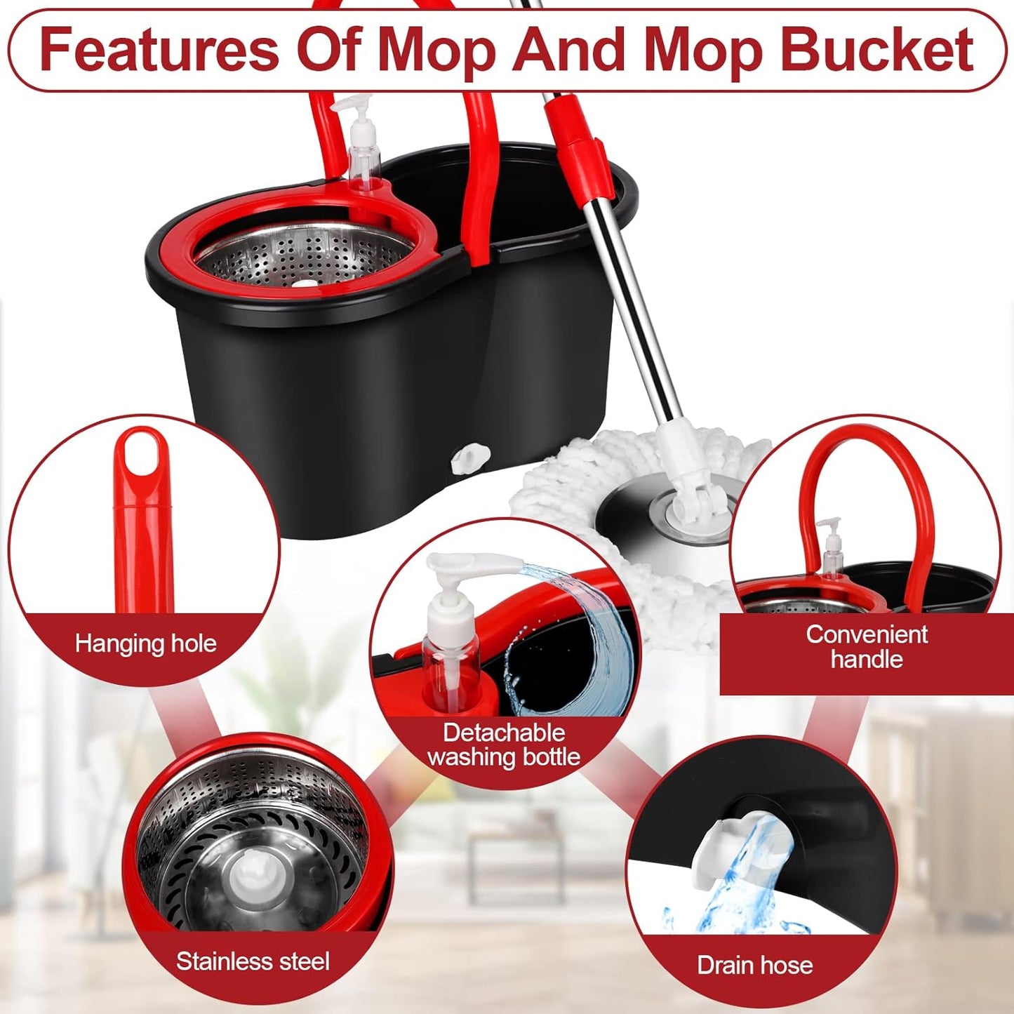 Spin Mop and Bucket with Wringer Set, 360° Spinning Mop Bucket System with 3 Microfiber Mop Replacement Heads and 50" Stainless Steel Adjustable Handle for Floor Cleaning